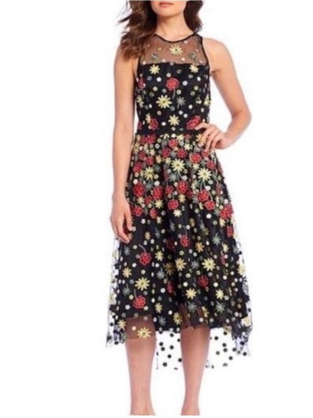 Alex Marie Black Mesh Midi Dress with Red and Yellow Floral Embroidery